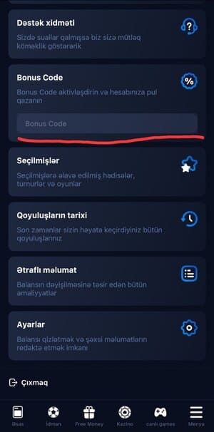 Promo kodlar bölməsinə keçid